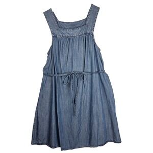 Universal Thread Womens Square Neck‎ Dress L Pinafore Chambray Belted Midi Blue